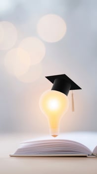 Light bulb wearing graduation cap hovering above an open book with soft bokeh background representing education and inspiration for learning and creativity photo