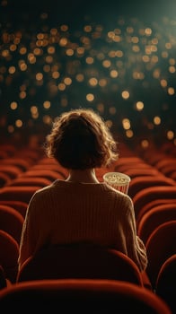 Enjoying a movie in a cozy theater with popcorn in hand as lights dim for the show photo