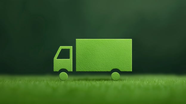 Green delivery truck illustration on a soft grassy background, showcasing a modern design concept for transportation and logistics in a vibrant environment photo