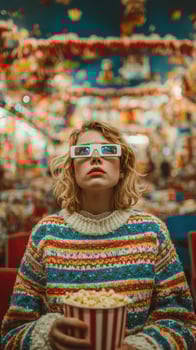 Moviegoer enjoying a colorful retro cinema experience with 3D glasses and popcorn in a vibrant setting photo