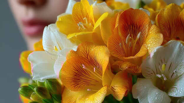 Colorful bouquet of yellow and white flowers held close to a person's face showcasing vibrant textures and details in natural lighting photo