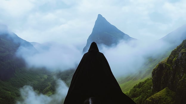 A man in a black cloak walks on a horse through the misty mountains photo
