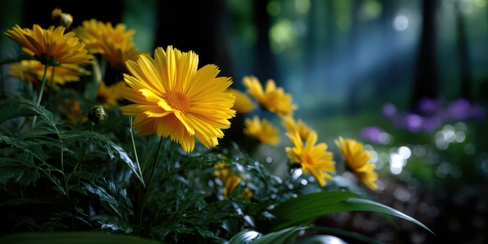 Vibrant yellow flowers bloom amidst greenery in a serene forest during early morning light photo