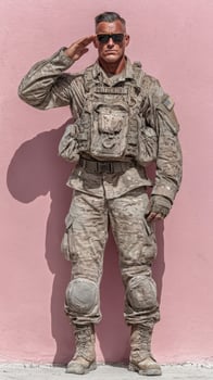 Military personnel saluting against a vibrant pink background, showcasing respect and dedication outdoors photo