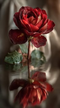 Red rose stands gracefully above water reflecting petals in a serene setting photo