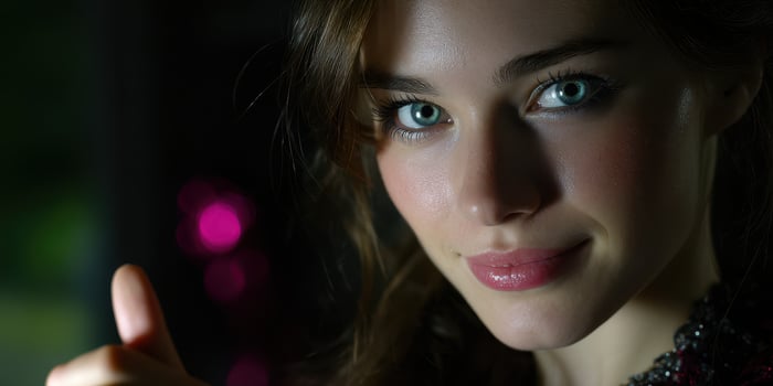 Young woman with striking blue eyes smiling softly in low light setting during an evening gathering photo