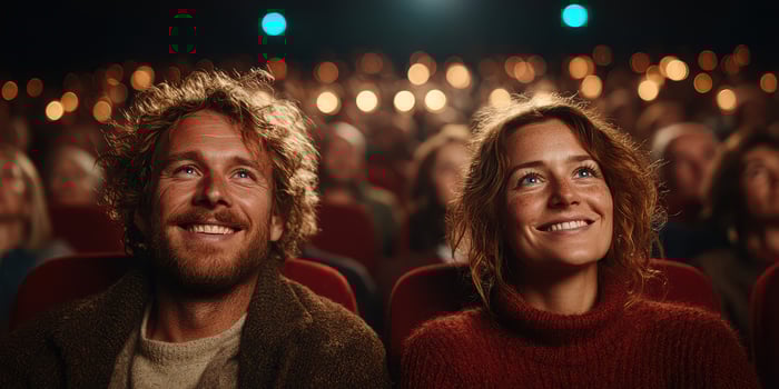 Couple enjoying a cinematic experience in a cozy theater filled with warm lights photo