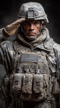Soldier saluting proudly while wearing tactical gear and displaying American flag during a military tribute photo