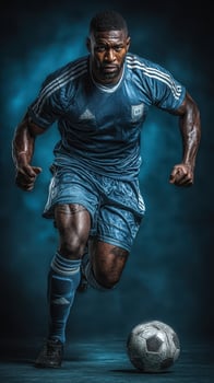 Professional soccer player dribbling a ball during a dynamic game in a dramatic blue lighting setup photo