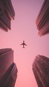 Airplane Flying Between Skyscrapers at Dusk With a Pink Sky in an Urban Setting. photo