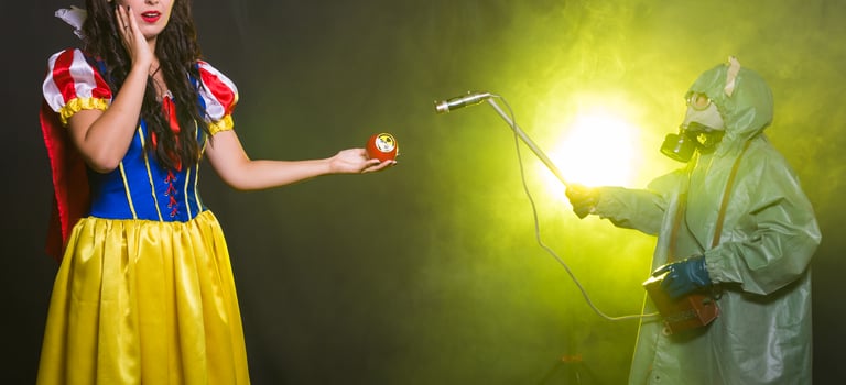 Banner Woman holding hazardous radioactive apple. Nuclear and radiation measurement concept. photo