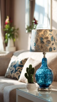 Elegant Living Room With Decorative Lamp and Potted Cactus Under Natural Light in a Cozy Setting photo