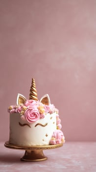 Delightful Unicorn Cake With Pink Frosting and Golden Horn for a Special Celebration. photo