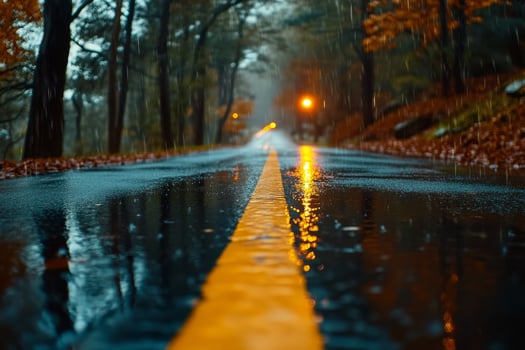 Rainy Autumn Road Surrounded by Trees Reflecting Warm Light at Dusk photo