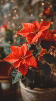 Vibrant Red Poinsettia Blooms Brighten up a Garden During the Holiday Season. photo