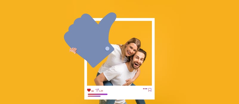 A couple embracing joyfully against a vibrant yellow background. One gives a thumbs up, symbolizing positivity and engagement typical of popular social media platforms for influencers. photo
