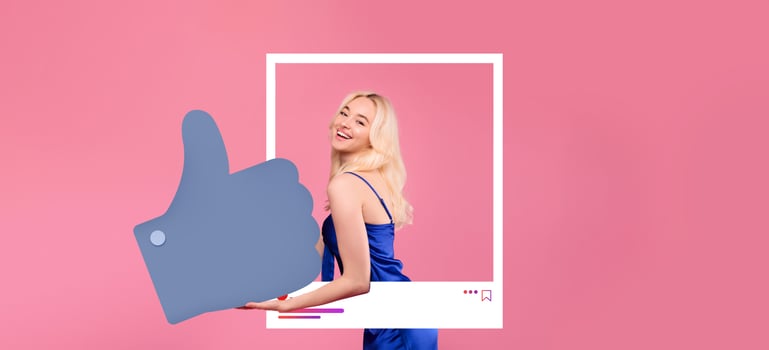 A confident influencer poses with a thumbs up gesture against a vibrant pink background. She wears a stylish blue outfit, radiating positivity and connection typical of online content creators. photo