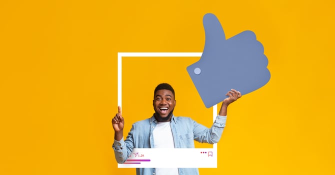 A joyful individual expresses excitement by giving a thumbs up. They are positioned inside a social media-style frame against a vibrant yellow background, embodying positivity and engagement. photo