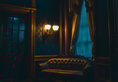 Dark, antique room with a leather couch and window. photo