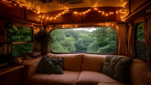 Cozy camper interior with a view of a lush forest. photo
