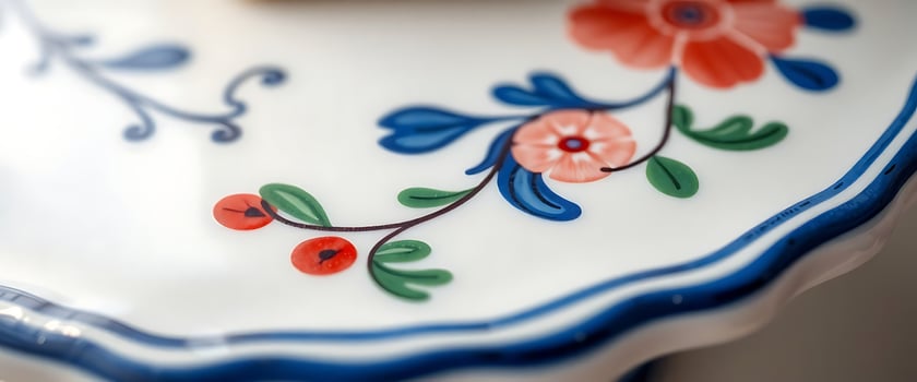 A close up of a blue and white plate with a flower design photo