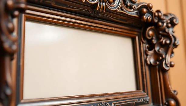 An ornate wooden frame with a blank white screen photo