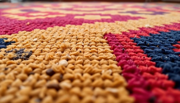 Close up of a colorful rug on a wooden floor photo