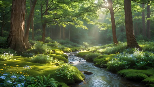 Stream Flowing Through Forest with Mossy Ground and Sunlight photo