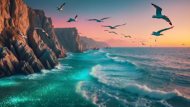 Seagulls Flying Over Turquoise Ocean with Cliffside at Pink Sunset photo