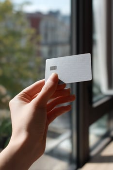 A person holding a credit card in front of a window photo