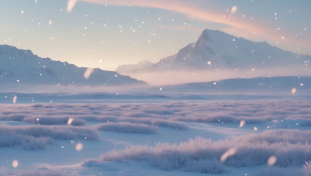 Snowy Mountain Landscape with Gentle Snowfall at Dawn photo
