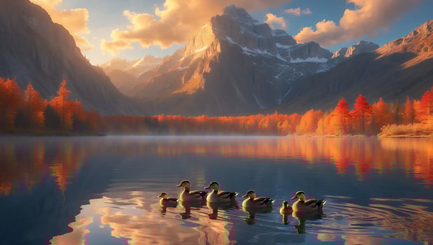 Ducks Swimming in Serene Mountain Lake at Sunrise with Autumn Colors photo