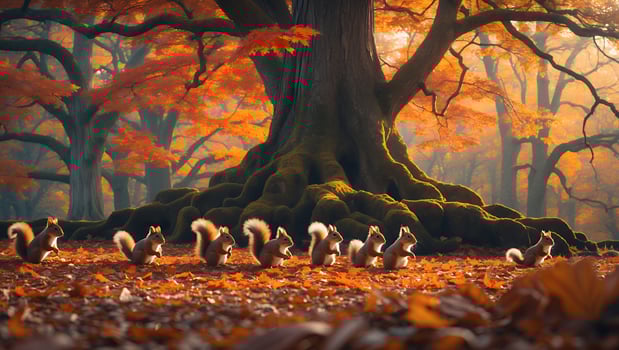 Squirrels Gather Under Autumn Tree in Enchanting Forest Scene photo