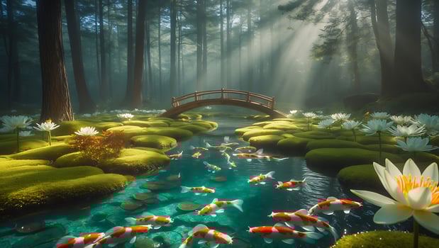 Koi Fish Swimming in Tranquil Forest Pond with Wooden Bridge and Water Lilies photo