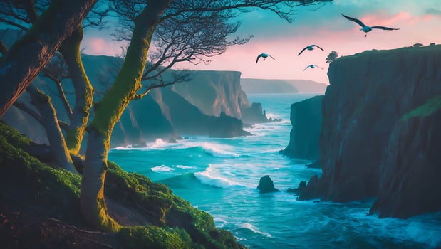 Coastal Cliffs and Ocean Waves at Sunset with Flying Birds photo
