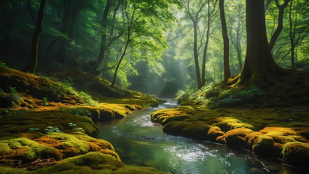 Serene Forest Stream Flowing Through Mossy Rocks and Sunlit Trees photo