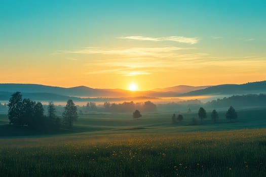 Sunrise over misty mountains in serene landscape photo