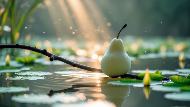 Pear Resting on Branch Above Lily Pads with Sunlight Reflections photo