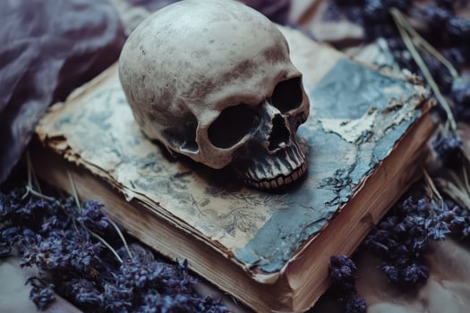Skull resting on an ancient book with lavender photo