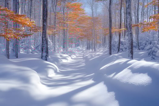 Serenity in Winter Forest Path with Sunlit Orange Foliage Under Snowy Blanket photo