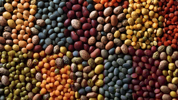 Colorful assortment of dried beans and lentils create a vibrant textured background for nutrition concepts photo