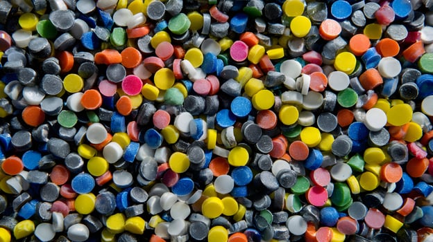 A vibrant mix of colorful plastic pellets creates an eye catching pattern, a mosaic of industry and polymer diversity photo