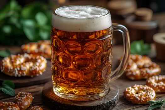 Rustic Beer Stein with Pretzels - Oktoberfest Celebration and Food Photography Concept photo