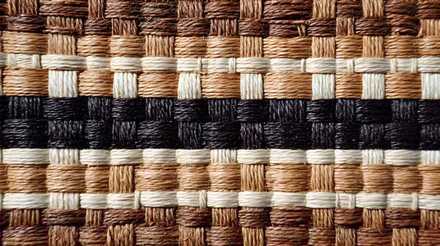 Intricate handwoven textile texture with alternating brown, beige and black strands creating a rich pattern photo