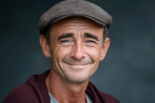 A man with a cap on smiling photo