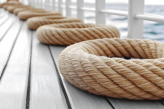 Nautical Rope Coils on Ship Deck Overlooking Ocean Horizon for Maritime Design photo