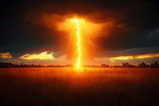 Majestic Lightning Strike Over Dramatic Sunset Sky in Open Field Landscape photo