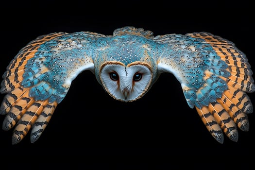 Majestic Barn Owl in Flight Displaying Vibrant Blue and Orange Plumage for Wildlife Design Inspiration photo