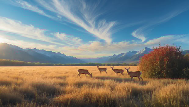 Deer Grazing in Golden Meadow with Mountains and Beautiful Sky photo