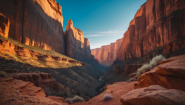Exploring Majestic Red Rock Canyon with Desert Flora and Clear Sky photo